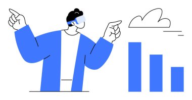 Sanal gerçeklik kulaklığı takan biri bar çizelgesini ve bulutu işaret ediyor. Yenilik, teknoloji, dijital trendler, sanal gerçeklik, veri, gelecek planlama, basit iniş sayfası için ideal