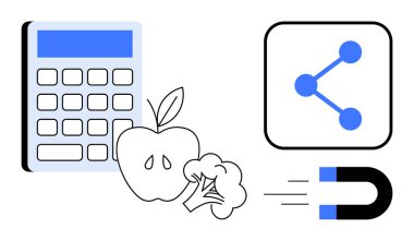 Hesap makinesi, elma, brokoli, veri paylaşım ikonu, mıknatıs iletimi hesaplama, beslenme, bağlantı, çekim. Sağlıklı yaşam tarzı teknoloji eğitimi için ideal diyet işbirliği manyetizması