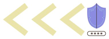 Sola dönük oklar siber güvenliği simgeleyen parola içeren bir kalkana veri iletimini sembolize ediyor. Veri koruması, ağ güvenliği, şifreleme, gizlilik, veri transferi için ideal