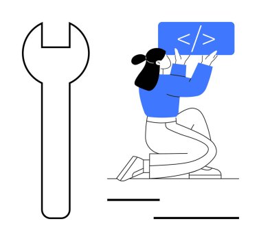 Kadın müteahhit büyük bir ingiliz anahtarının yanında diz çökerken kod elementini tutuyor. Programlama, geliştirme, problem çözme, teknik araçlar, kodlama, takım çalışması, basit iniş sayfası için ideal