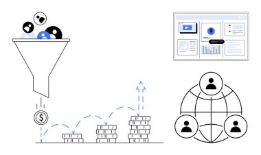 Bozukluklara filtreleme, gelir artışı, analitik gösterge paneli ve küresel kullanıcı bağlantıları içeren bir huni. Pazarlama, satış, analitik, dönüşüm, strateji finansmanı ve müşteri için ideal