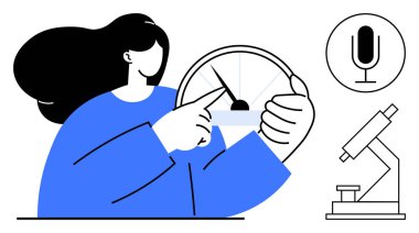 Hız göstergesi, mikrofon sembolü ve mikroskop görüntüleme ölçümü, ses teknolojisi ve araştırma yapan bir kadın. İlerleme takibi, teknoloji, yaratıcılık, bilim eğitimi yeniliği için ideal