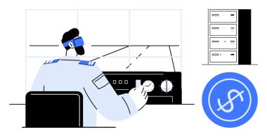 Ekranları, sunucu rafı ve finansal amblemi olan bir kontrol panelinde profesyonel izleme sistemi. Teknoloji, analitik, yönetim, veri güvenliği, bilişim destek fintech yeniliği için idealdir. Basit.