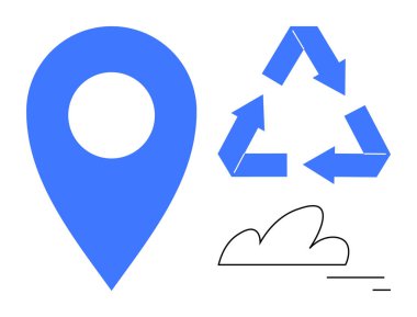 Mavi işaret, üçgen geri dönüşüm okları ve çevresel farkındalığı temsil eden minimalist bulut. Sürdürülebilirlik, ekoloji, harita teknolojisi, atık yönetimi, açık hava etkinliği için ideal