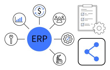 ERP merkezi finans, analitik, insan kaynakları, üretim, araçlar, kontrol listesi ve paylaşım ikonları ile çevrilidir. İş yönetimi için ideal, otomasyon planlama işbirliği karar verme mekanizması