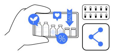 El ele tutuşan akıllı telefonlar, şişeler, satış etiketleri ve paylaşım araçları. E-ticaret, çevrimiçi alışveriş, dijital pazarlama, perakende tanıtım, sosyal medya mobil uygulamaları için ideal basit iniş sayfası