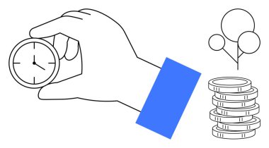 El sıkışan küçük saat, bozuk para yığını ve öncelikleri ve fırsatları özetleyen üç balon. Zaman yönetimi, üretkenlik, mali büyüme, fırsat, denge, kaynak için ideal