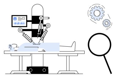 Gelişmiş robotik cerrahi sistemi bir hastayı ameliyat ediyor. Göstergeler hayati organları gösteriyor, robot kolları hassasiyetle destekliyor. Sağlık, robot bilimi, teknoloji, yenilik, ameliyat, yapay zeka tanıları için ideal