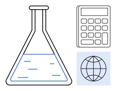İçinde sıvı, hesap makinesi ve dünya çizgisi olan cam matara. Eğitim, bilim, araştırma, yenilik, BTMM küresel öğrenme ve analitik için idealdir. Temiz modern ve basit düz metafor
