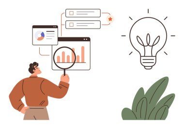 Adam grafikleri büyüteçle inceliyor, veri içgörülerini keşfediyor. Ampul yeniliği simgeler. Veri analizi, iş stratejisi, araştırma, yaratıcılık, sorun çözme, öğrenme için ideal