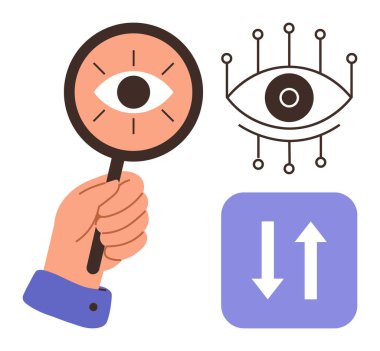 Göz sembollü bir büyüteç, devreli dijital göz ve analizi, görüşü, veri akışını gösteren oklar. Teknoloji, güvenlik, araştırma, yapay zeka vizyonu yeniliği için ideal