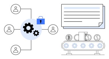 Takım ağına bağlı dişliler ve güvenlik kilidi, belge akışı ve taşıma bandı üzerindeki varlıklar iş akışı otomasyonu, güvenlik, takım çalışması ve engelleme uygulamasını sembolize eder. Teknoloji için ideal