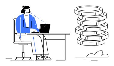 Kadın dizüstü bilgisayarda yazı yazarak zenginliği, verimliliği ve çevrimiçi işi simgeleyen bir yığın madeni paraya bakıyor. Finans, uzaktan çalışma, hedef belirleme, yatırım ve serbest tasarruf için ideal