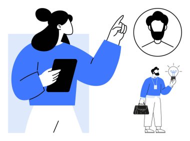 Kadın elinde tablet olan bir erkek avatarı işaret ediyor ve erkek de ampulle yaratıcılığı teşvik ediyor. Takım çalışması, yenilik, ağ oluşturma, beyin fırtınası, işbirliği, liderlik için ideal