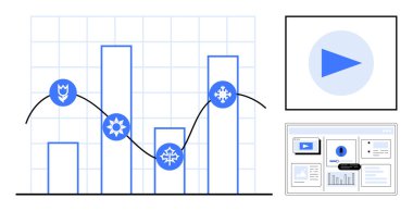 Mevsimsel simgeleri, moda çizgisi ve multimedya çalma düğmesi olan bar tablosu. Veri sunumu, analitik, mevsimler, medya entegrasyonu, eğitim eğilimleri iş büyümesi için idealdir. Basit düz metafor