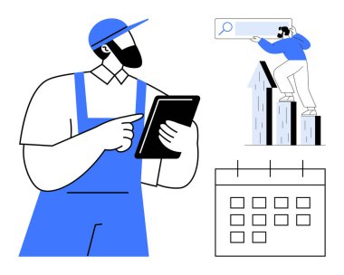 Tablet tutan işçiler, arama çubuğuna ulaşmak için bar grafiğine tırmanan meslektaşlar, görev planlayıcı takvimi. Takım çalışması, verimlilik, görev yönetimi, büyüme, ilerleme planlama verimliliği için ideal. Basit düz