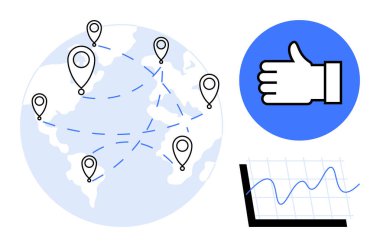 Konum iğneleri, bağlantı hatları, bir çizgi grafiği ve bir onay simgesi içeren dünya haritası. Küresel iletişim, lojistik, analiz, geri besleme, büyüme, veri paylaşımı için ideal
