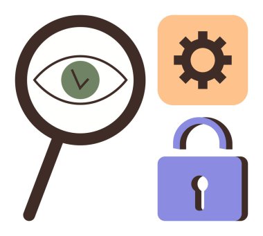 Göz simgesi, vites sembolü ve kilit kilitlenmiş büyüteç güvenlik, mahremiyet, ayarlar kontrolü ve sistem verimliliğini simgeler. Veri koruması, siber güvenlik, gizlilik politikaları uygulaması için ideal