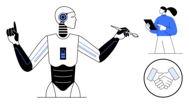 Kalemi olan robot elini kaldırıyor, insan eli tablet tutuyor, tokalaşma ikonu. Yapay zeka yeniliği, otomasyon, takım çalışması, işyeri verimliliği, teknolojik gelişmeler, dijital dönüşüm için ideal basit iniş sayfası