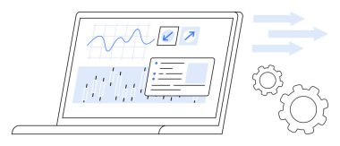Dosyaları, grafikleri ve veri içgörüleriyle etkileşimli arayüzü gösteren dizüstü bilgisayar. Dişliler ve oklar işlem optimizasyonunu öneriyor. Teknoloji, analitik, iş akışı, otomasyon, verimlilik araştırması için ideal