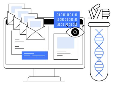 E- postaları olan bilgisayar ekranı, ikili kod, görsel veri sunumları, bir göz sembolü ve test tüpündeki bir DNA ipliği. Bilim, teknoloji, iletişim, veri gizlilik araştırması için ideal