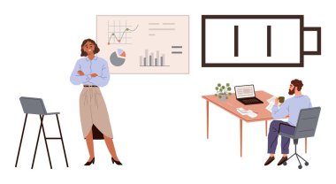 Ofis ortamında iş arkadaşları, biri veri tabloları sunarken diğeri kahveyle şarj olurken. Takım çalışması, üretkenlik, iş hayatı dengesi, ofis kültürü, zaman yönetimi, çoklu görev