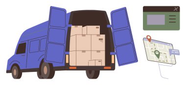 Kargo kutularıyla dolu bir minibüs, konum şifrelerini gösteren bir harita, seyir aracı. Lojistik, nakliye, kurye, ecommerce, tedarik zinciri, basit düz metafor takibi için ideal