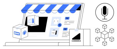 E-ticaret platformu manzarası, mağaza önü, ürün kutuları, alışveriş ikonları, ses asistanı. Perakende, teknoloji, çevrimiçi alım, pazarlama, lojistik otomasyon için ideal basit iniş sayfası