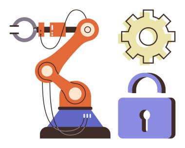 Robotik kol, bir teçhizat ile yerleştirildi ve otomasyon, mühendislik ve veri güvenliğinin altını çizildi. Yenilik için ideal, teknoloji, endüstri, güvenlik, makine, robotik basit düz metafor