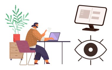 Profesyonel olarak masa başında dizüstü bilgisayar, bitki, dosya dolabı, monitör ve görüş, odaklanma ve gözlem simgesini simgeliyor. Üretkenlik ve analitik için ideal yaratıcılık işyeri izleme