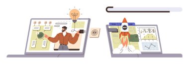 Kavramları açıklayan bir öğretmeni gösteren iki dizüstü bilgisayar ve analizli bir roket fırlatma. Eğitim, yenilik, iş büyümesi, teknoloji, çevrimiçi öğrenme, strateji, dijital