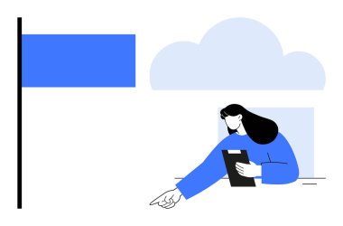 Uzun saçlı bir kadın elinde bir pano tutarken sağ alta doğru hareketler yapıyor. Solunda mavi bayrak ve arkasında bulut var. Takım çalışması, liderlik, yaratıcılık, strateji ve vizyon için ideal