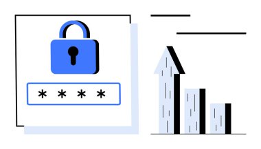 Büyüme eğilimini gösteren bir çubuk grafiğinin yanına parola vurgulanmış olarak kilitle. Siber güvenlik, veri koruması, şifreleme, ilerleme izleme, grafikler, güvenli erişim, basit iniş sayfası için ideal