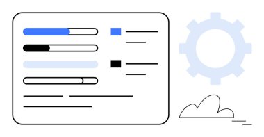 Gösterge paneli içindeki işlem çubukları ve listeleme görevleri proje güncellemelerini temsil ediyor. Vites, bulut vurgulama süreci otomasyonu, görev takibi, dijital verimlilik ve sistem iş akışı. Proje için ideal