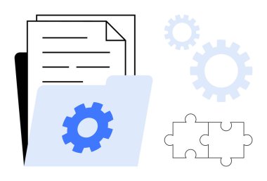 Üst üste binen belgeler, mavi dişliler, yüzen yapboz parçaları ve vitesler. Organizasyon, işbirliği, sistem optimizasyonu, süreç iyileştirmesi, problem çözme dosya yönetimi için ideal