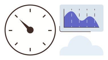 Analog saat yükselen ve düşen veri grafiği ve soyut bulut şekliyle birleşir. Zaman yönetimi, analitik, izleme performansı, zamanlama, veri eğilimleri, yenilik ve teknoloji için ideal