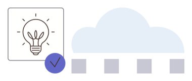 Işıklı ampul, mavi bir işaret, bulut şekli, ve fikirleri, doğruluğu, bulut depolamayı, yeniliği, problem çözmeyi, teknolojiyi ve bağlantıyı simgeleyen dört soyut kutu.
