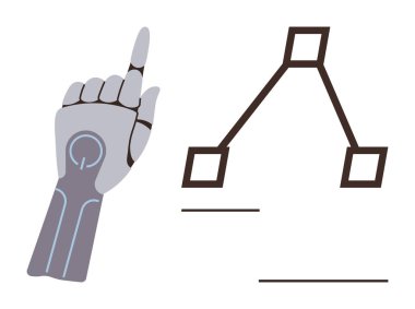 Gelişmiş robotik el, bağlantı ve düğümleri olan akış şeması yapısına doğru hareket ediyor. Otomasyon, problem çözme, veri akışı, karar ağacı teorisi, yapay zeka, robot bilimi için ideal