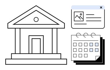 Bir hükümet binasının taslağı, belge sergisi ve işaretli tarihli takvim. Konseptler için ideal yönetim, planlama, organizasyon, dosyalama, takvimler, teslim tarihleri etkinlikleri basit