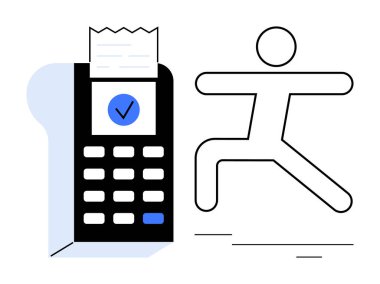 Üzerinde basılı makbuz olan kart ödeme terminali ve ileriye doğru atlayan aktif bir insan figürü. Finans, dijital işlem, başarı, başarı, ilerleme, basitlik ve motivasyon için ideal. Temiz daire