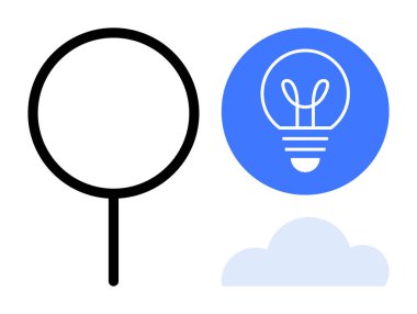 Büyüteç, mavi dairedeki ampul ve bulut aramayı, yaratıcılığı ve yeniliği sembolize eder. Analiz, beyin fırtınası, problem çözme, bulut teknolojisi araştırma stratejisi için ideal