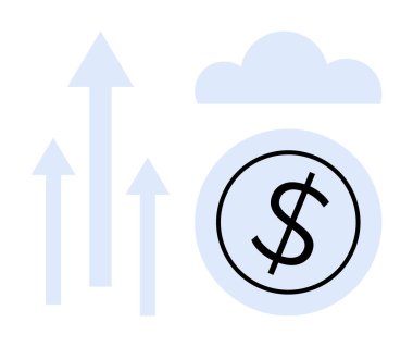 Bulutun altındaki bir çemberin içindeki dolar sembolü, yukarı doğru çıkan oklar büyüme, yatırım ve tasarrufu gösteriyor. Finans, teknoloji, yenilik, ekonomi, kar, dijital dönüşüm için ideal başarı