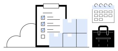 Tamamlanmış görevleri olan kontrol listesi, istiflenmiş kutular, takvim ve nakliye organizasyonu ve hazırlık evrak çantası. Üretim, planlama, ofis organizasyonu, iş stratejisi, lojistik için ideal