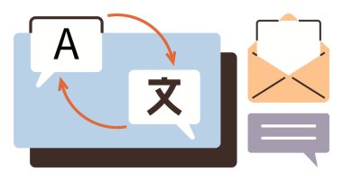 Konuşma baloncukları, harfler, oklar, zarf ve sohbet baloncukları dil çevirisi ve iletişimi görselleştiriyor. Küresel etkileşim, çok dilli destek, e- posta, mesajlaşma için ideal