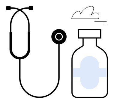 Steteskop, yanında haç olan bir ilaç şişesi, sağlık, teşhis ve bakım temalarını çağrıştırıyor. Sağlık hizmetleri, tıbbi bloglar, sağlık uygulamaları, eczane reklamları, çevrimiçi istişareler için ideal