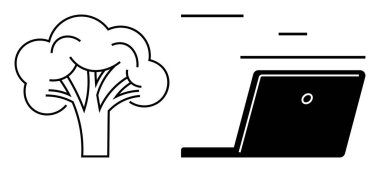 Açık bir dizüstü bilgisayarın yanındaki ağaç çevre dostu teknolojiyi sembolize eder. Sürdürülebilirlik, dijital yenilik, eko-farkındalık, yeşil teknoloji, uzaktan çalışma, eğitim ve basit bir iniş sayfası için ideal