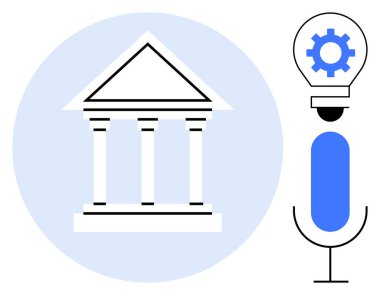 Sütunları mikrofonun yanında beyaz tapınak ve içinde teçhizat olan ampul. Eğitim, yönetim, yenilik, teknoloji, yaratıcılık, liderlik ve ilerleme için idealdir. Basit düz metafor