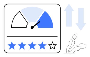 İğneli geribildirim ölçer, derecelendirme yıldızları, yukarı ve aşağı oklar, küçük bitki süslemeleri. Müşteri memnuniyeti, değerlendirmeler, analitik, performans, derecelendirme sistemleri kalite yönetimi için ideal