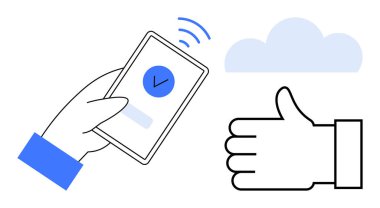 Mavi işaretli, işaret gönderen, baş parmak işareti olan ve bulut simgesi olan akıllı telefon. Teknoloji, bulut hesaplama, dijital onay, doğrulama, bağlantı, mobil uygulamalar için ideal