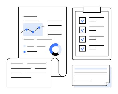 Satır grafiği, pasta grafiği, panoda kontrol listesi ve yazılı sayfalar olan belgeler. Veri analizi, raporlama, proje yönetimi, üretkenlik, iş planlaması hedefi basit düz